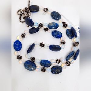 Estate Lapis Lazuli Opalite Sterling Silver Beaded Toggle Close Ooak Necklace